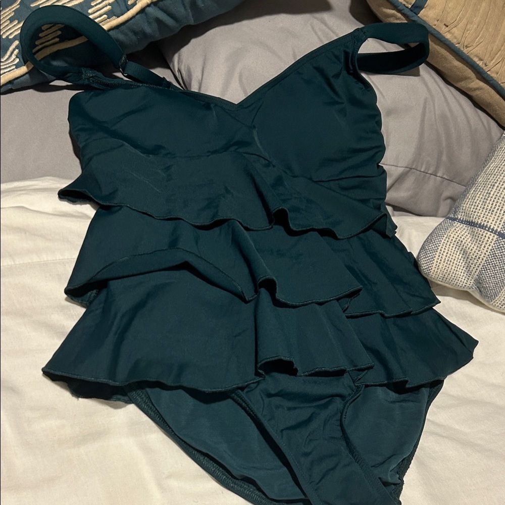 Lands' End Teal Ruffle One Piece Swimsuit